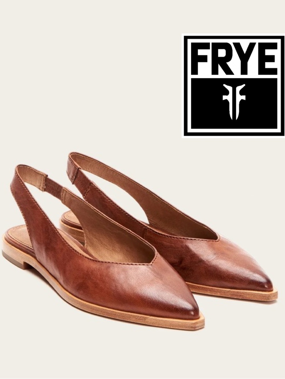NWOT Frye Kenzie Slingback Pointed Toe Flats in Cognac Brown Leather